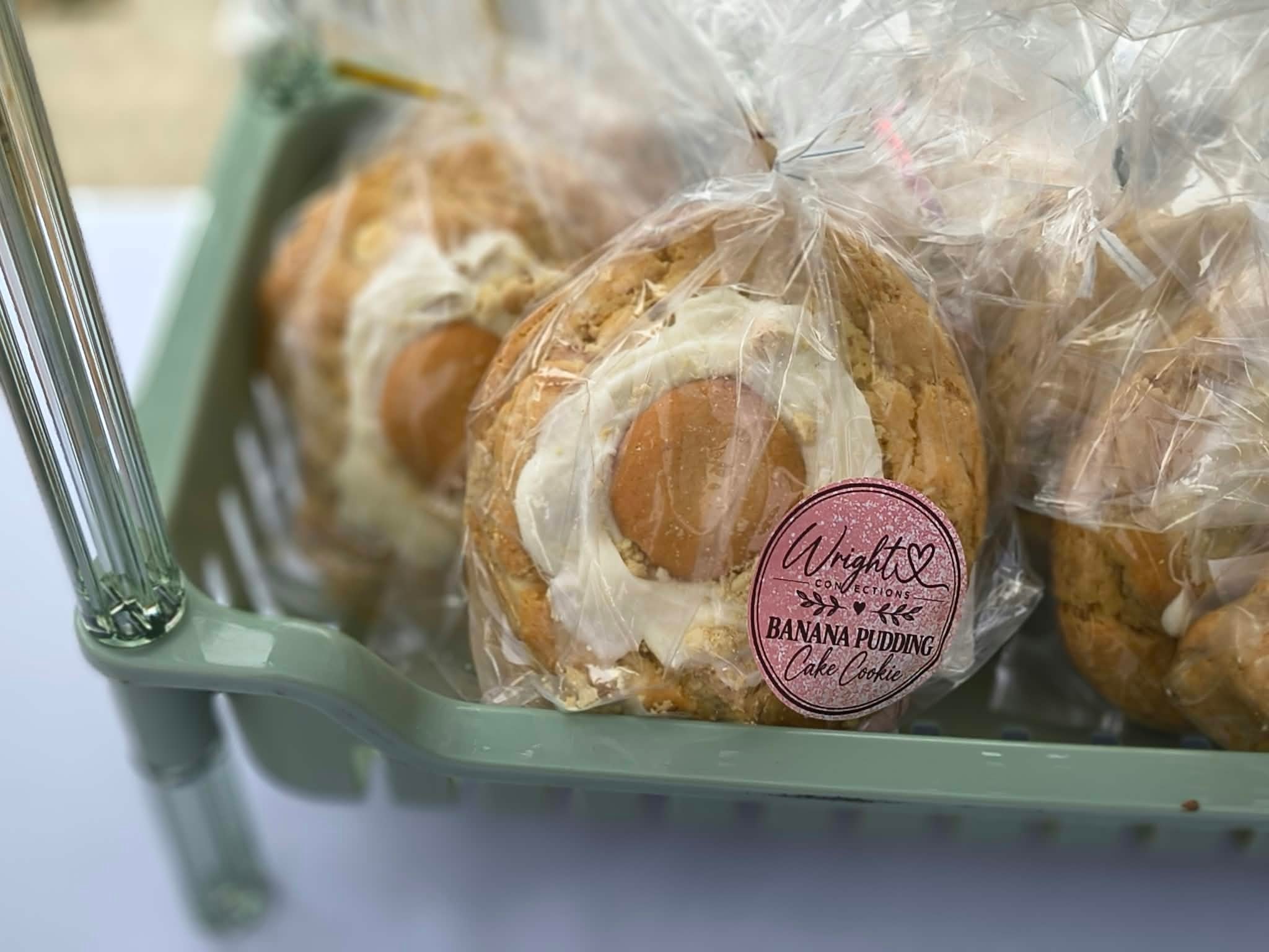 Packaged banana pudding cake cookies with Wright Confections label